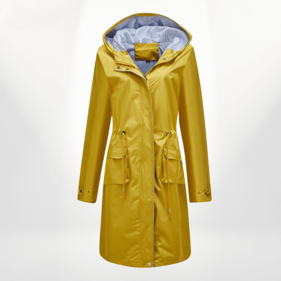 Women’s Trench Coat – Waterproof Over-Knee – Hooded – Adjustable Waist – Flap Pockets Yellow