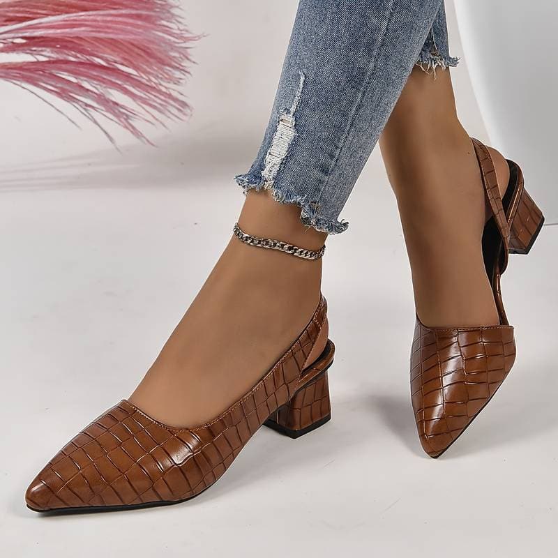 Women’s Slingback Heels – Crocodile-Embossed – Pointed Toe – Mid Block Heel – Elegant Fit Brown