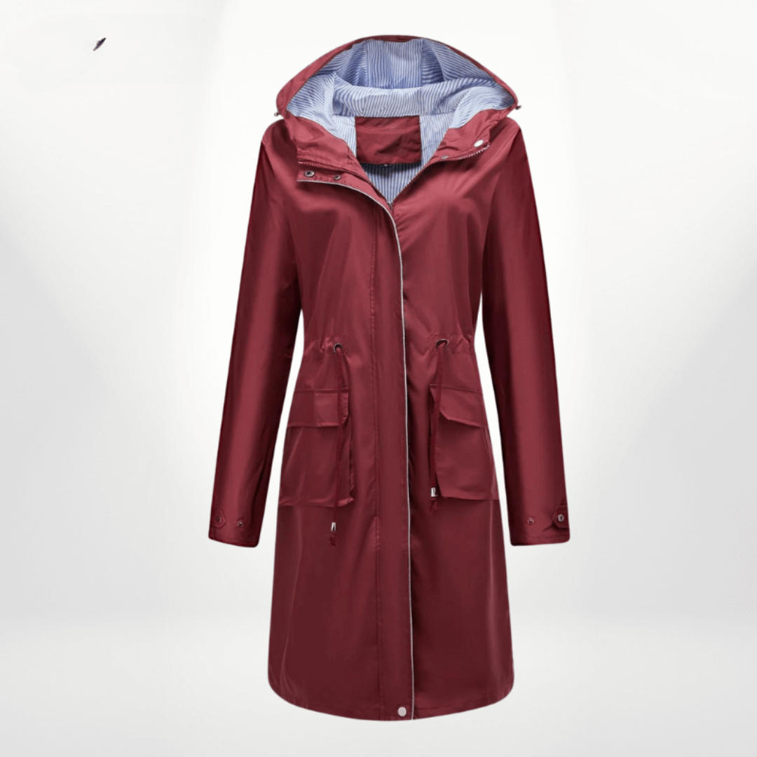 Women’s Trench Coat – Waterproof Over-Knee – Hooded – Adjustable Waist – Flap Pockets Red