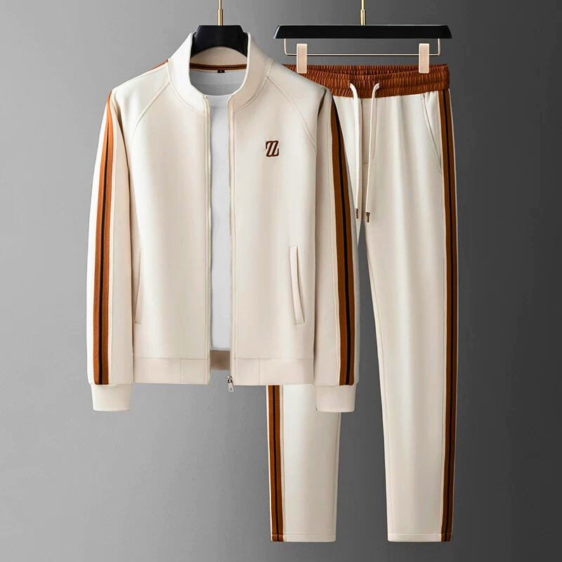Men’s Tracksuit Set – Zip Jacket and Tapered Joggers – Side Stripe – Stretch Fit Legacy Cream