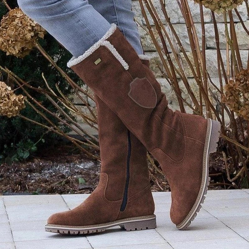 Women’s Mid-Calf Boots – Suede Look – Plush Lining – Lug Sole – Side Zip – Relaxed Fit Brown