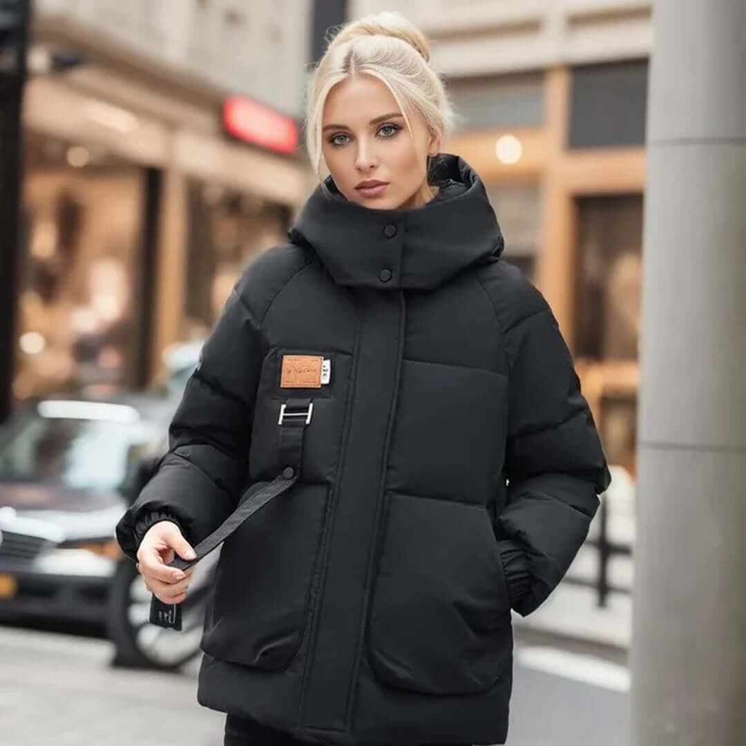 Women’s Quilted Jacket – Relaxed Fit – Hooded – Padded – Ribbed Cuffs – Front Pockets Black