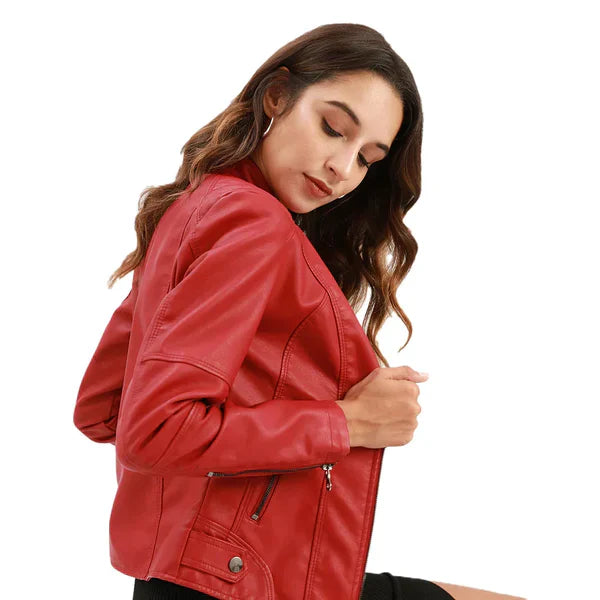 Women's Fitted Leather Jacket Stylish Band Collar - MotoChic