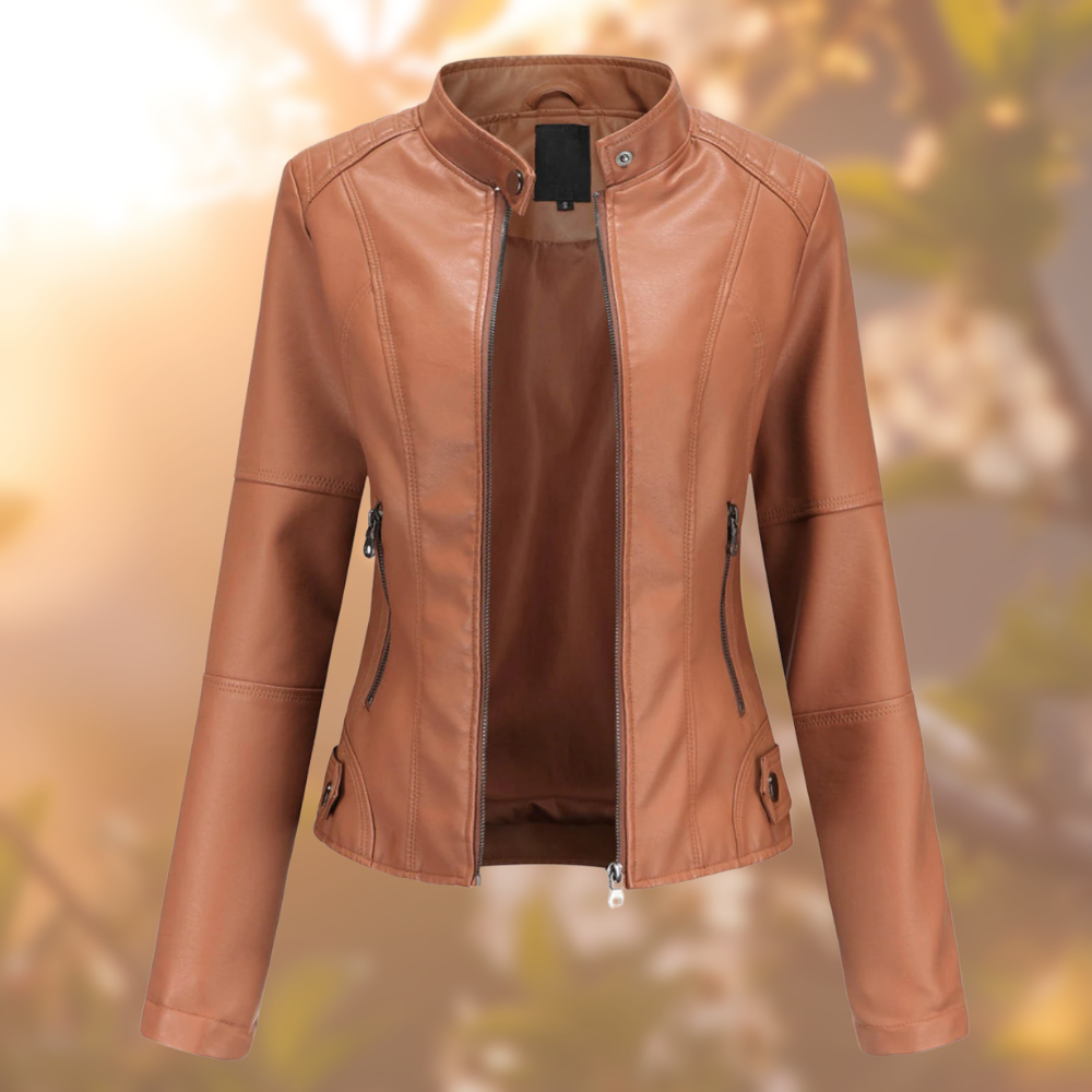 Women's Fitted Leather Jacket Stylish Band Collar - MotoChic Light dark brown