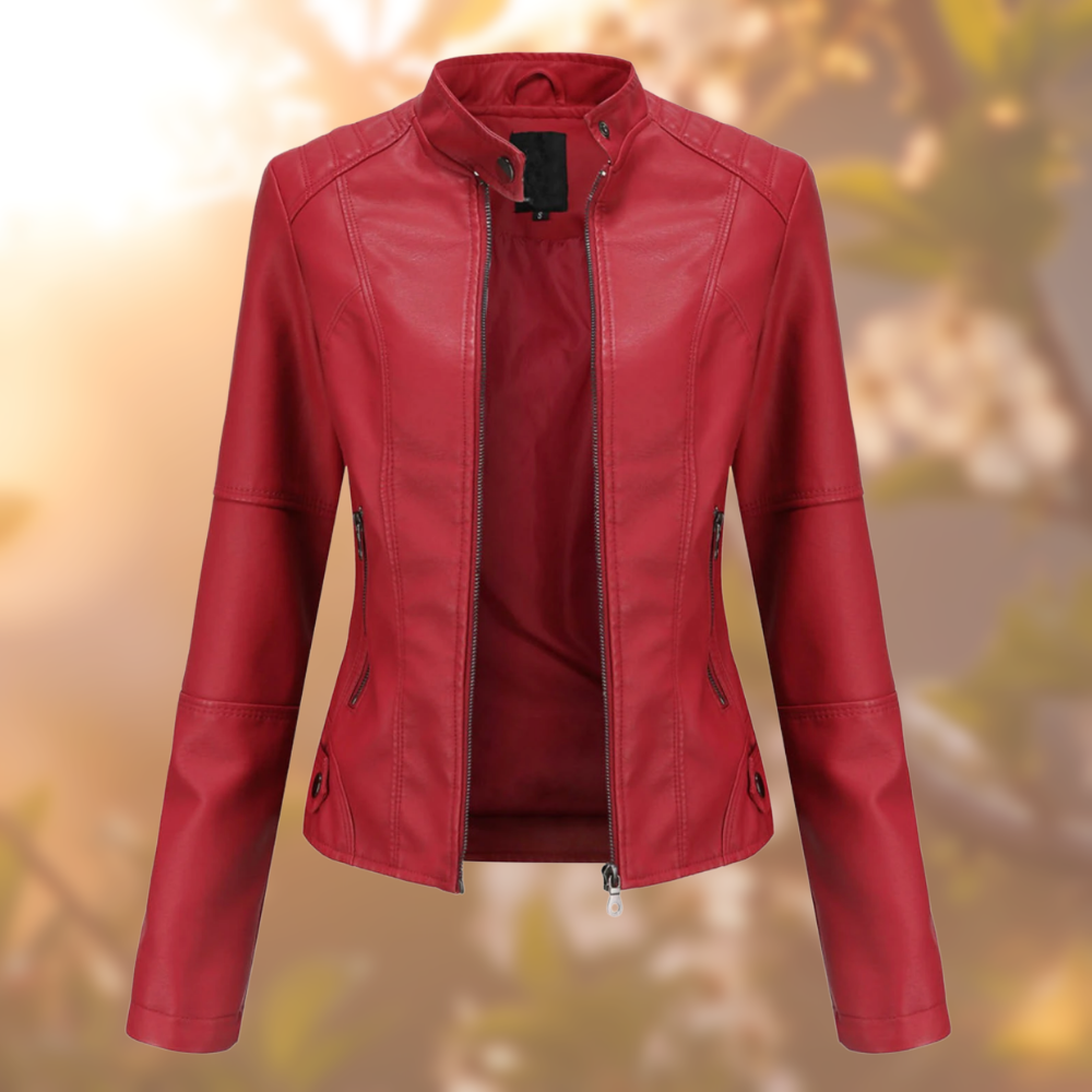 Women's Fitted Leather Jacket Stylish Band Collar - MotoChic Re
