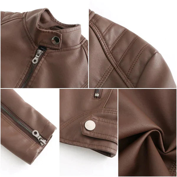 Women's Fitted Leather Jacket Stylish Band Collar - MotoChic