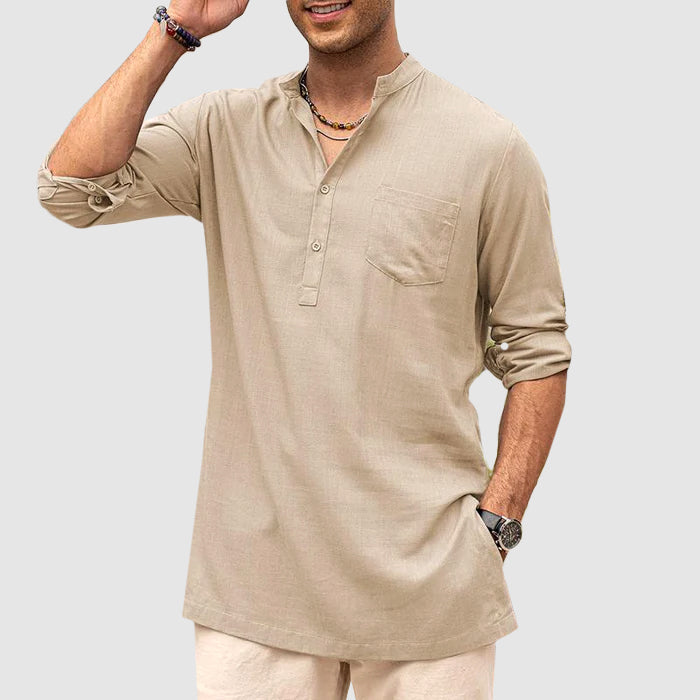 Men's Henley Shirt - Band Collar - Breathable Fabric - Long Sleeve Casual Fit