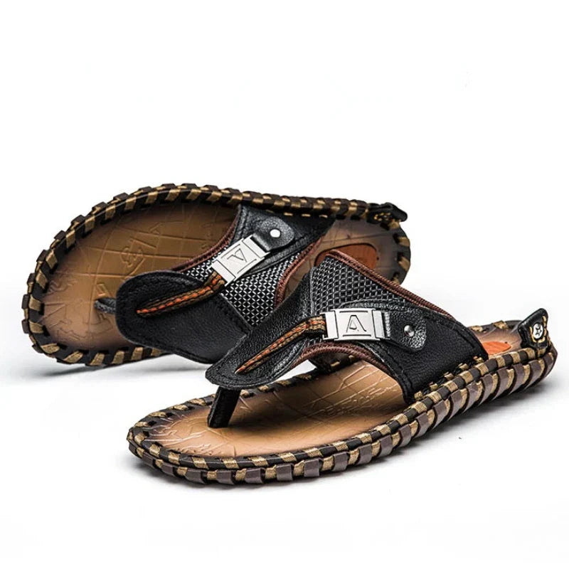 Men’s Flip-Flops – Strap – Textured Footbed – Flat Sole Casual Comfort Brown