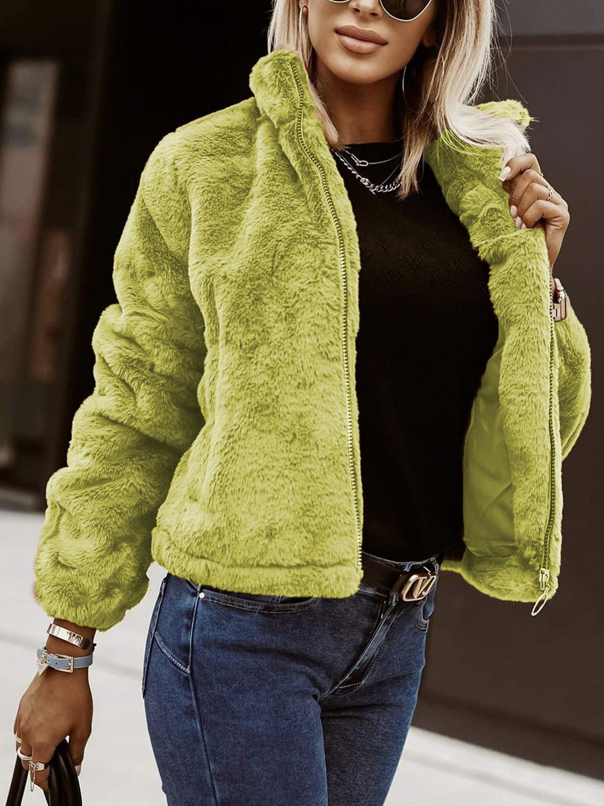 Women's Oversized Faux Fur Coat - Plush High-Collar GlamCoat Yellow