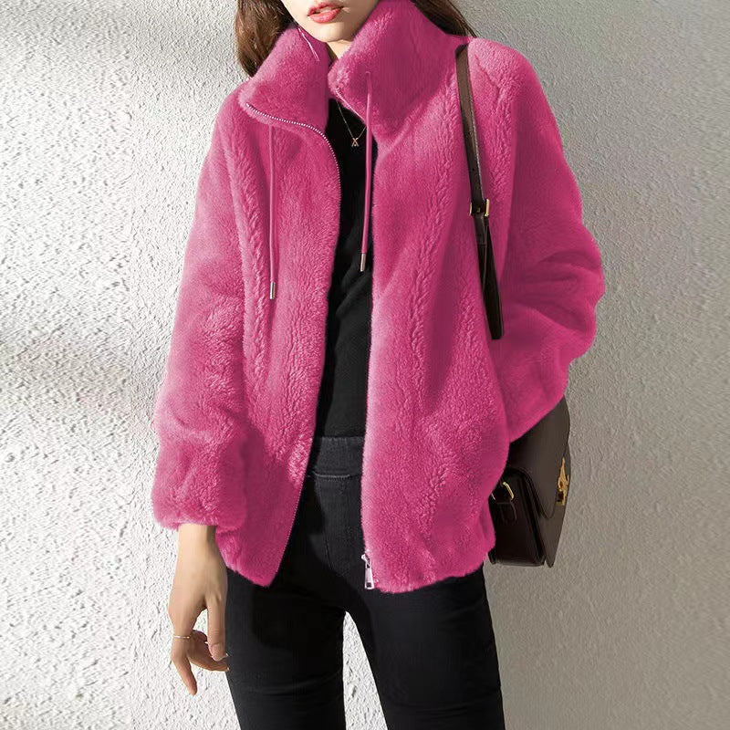 Women’s Bomber Jacket – Plush Fleece – Relaxed Fit – Stand Collar – Zip Front Closure Fuchsia