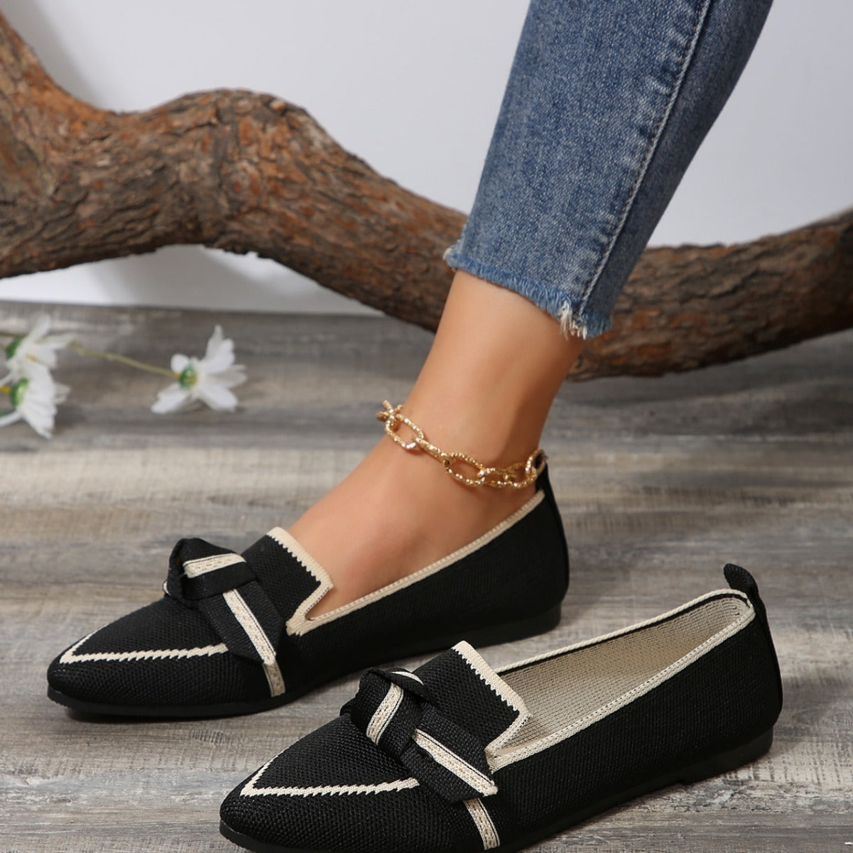 Women’s Flat Shoes – Pointed Toe – Soft Knit – Slip-On with Knot Detail – Versatile Fit Black