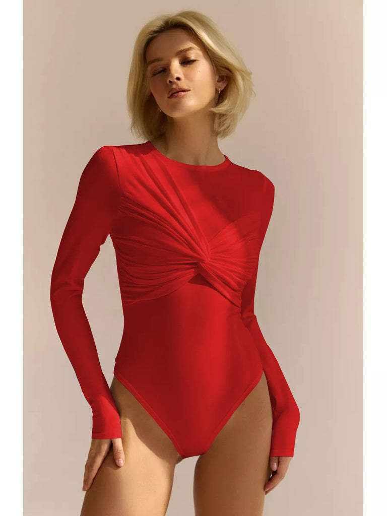 Women’s Bodysuit – Slim Fit – Soft Stretch Fabric – Ruched Front – Long Sleeve Red