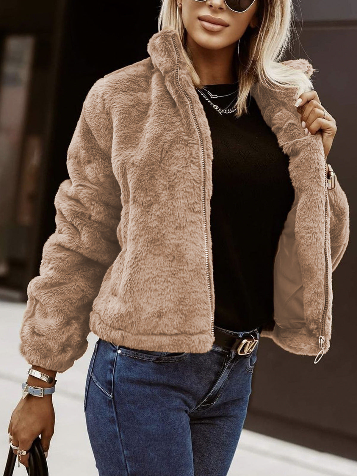 Women's Oversized Faux Fur Coat - Plush High-Collar GlamCoat Khaki