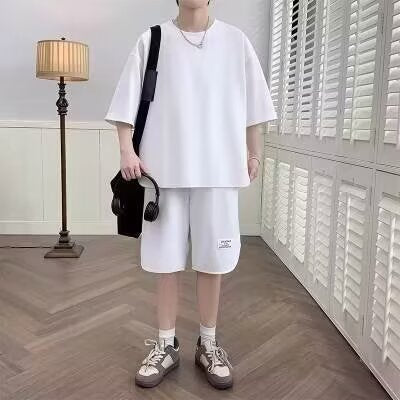 Men’s Athletic Set – Relaxed Fit – Short Sleeve Top & Drawstring Shorts – Breathable Set White