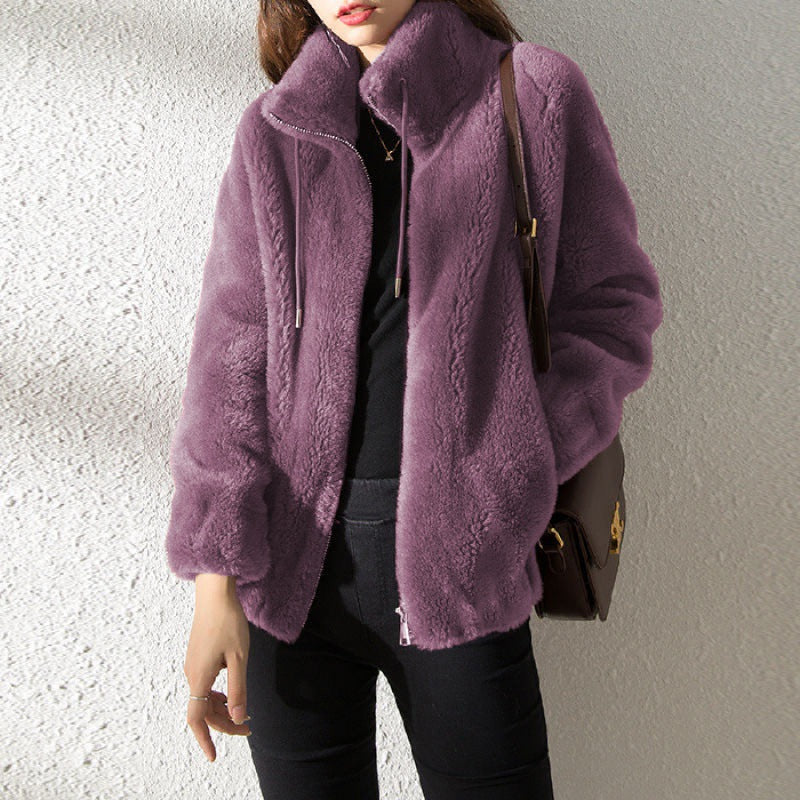 Women’s Bomber Jacket – Plush Fleece – Relaxed Fit – Stand Collar – Zip Front Closure Purple