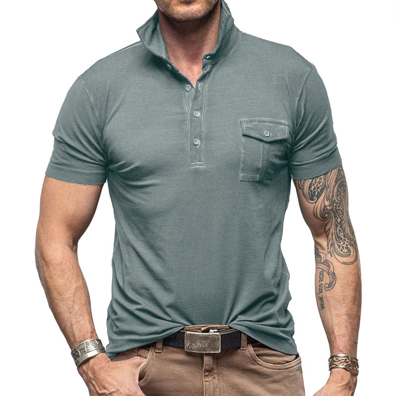 Men's Slim Fit Cotton Polo Shirt - Stand Collar Pocket - ModernEdge Blue Green