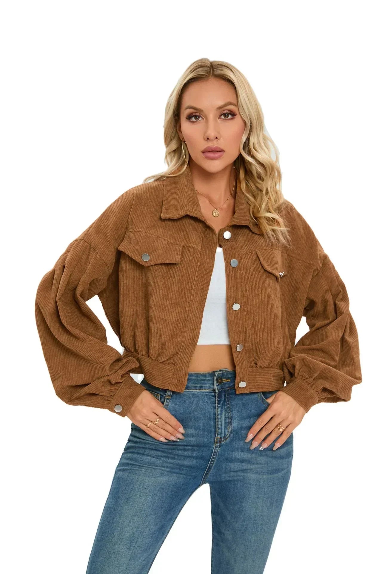 Women’s Cropped Jacket – Corduroy – Oversized Fit – Balloon Sleeves – Chest Pockets Brown