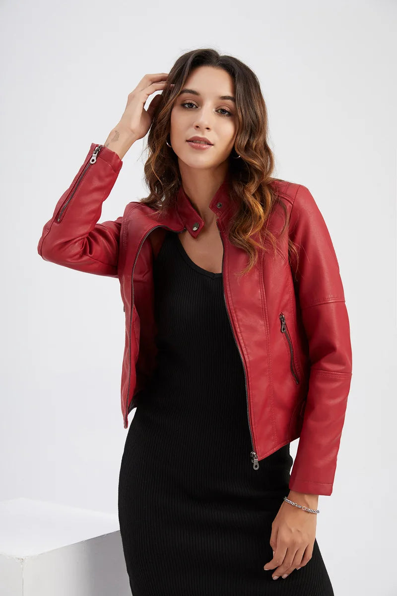 Women's Fitted Leather Jacket Stylish Band Collar - MotoChic