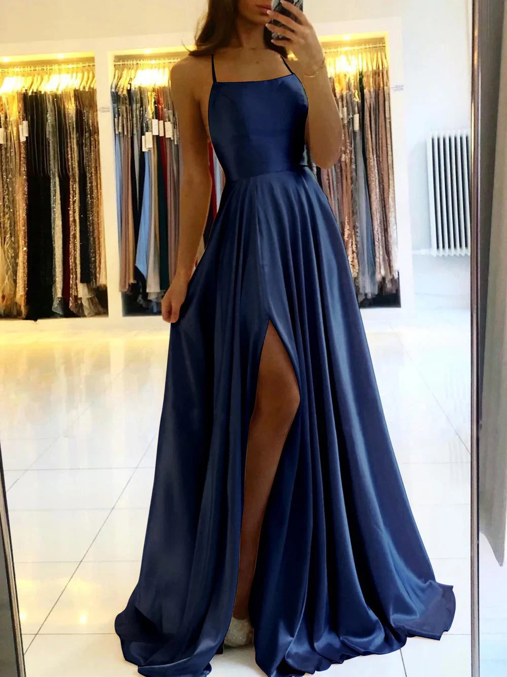Women's Evening Prom Gown - Floor-Length Satin - Spaghetti Straps - Square Neck - High Slit Blue