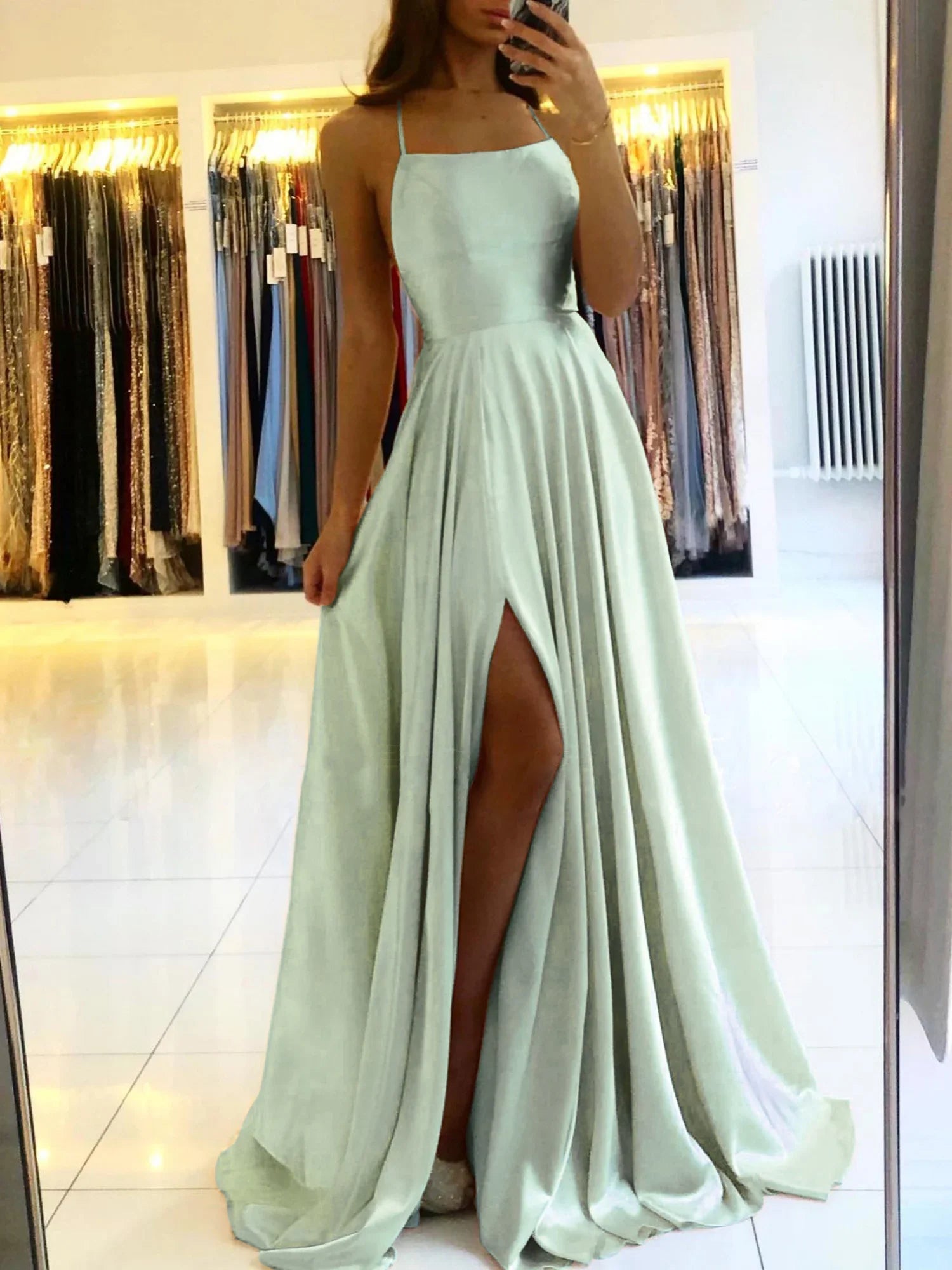 Women's Evening Prom Gown - Floor-Length Satin - Spaghetti Straps - Square Neck - High Slit Dusty Green