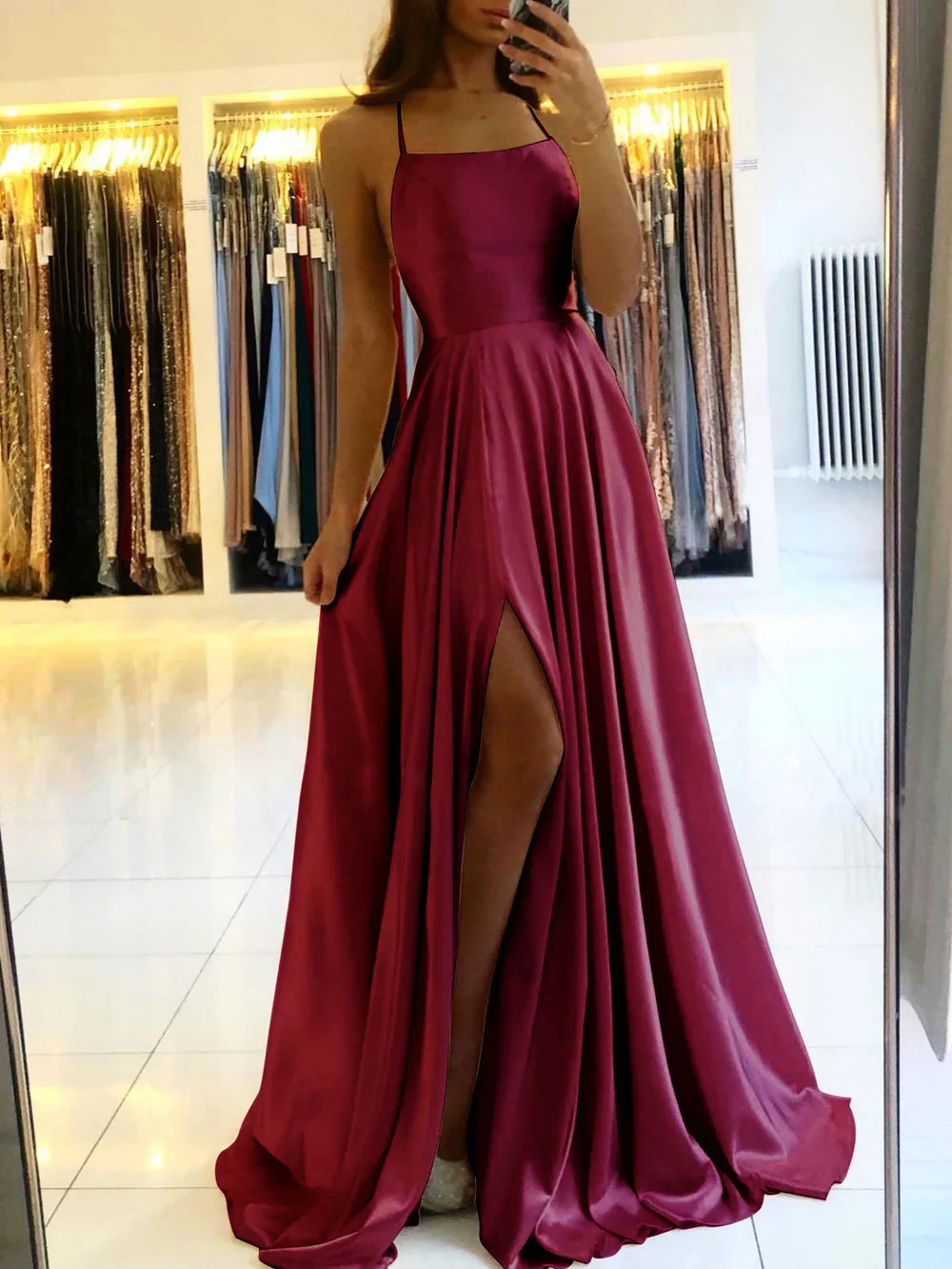 Women's Evening Prom Gown - Floor-Length Satin - Spaghetti Straps - Square Neck - High Slit Burgundy