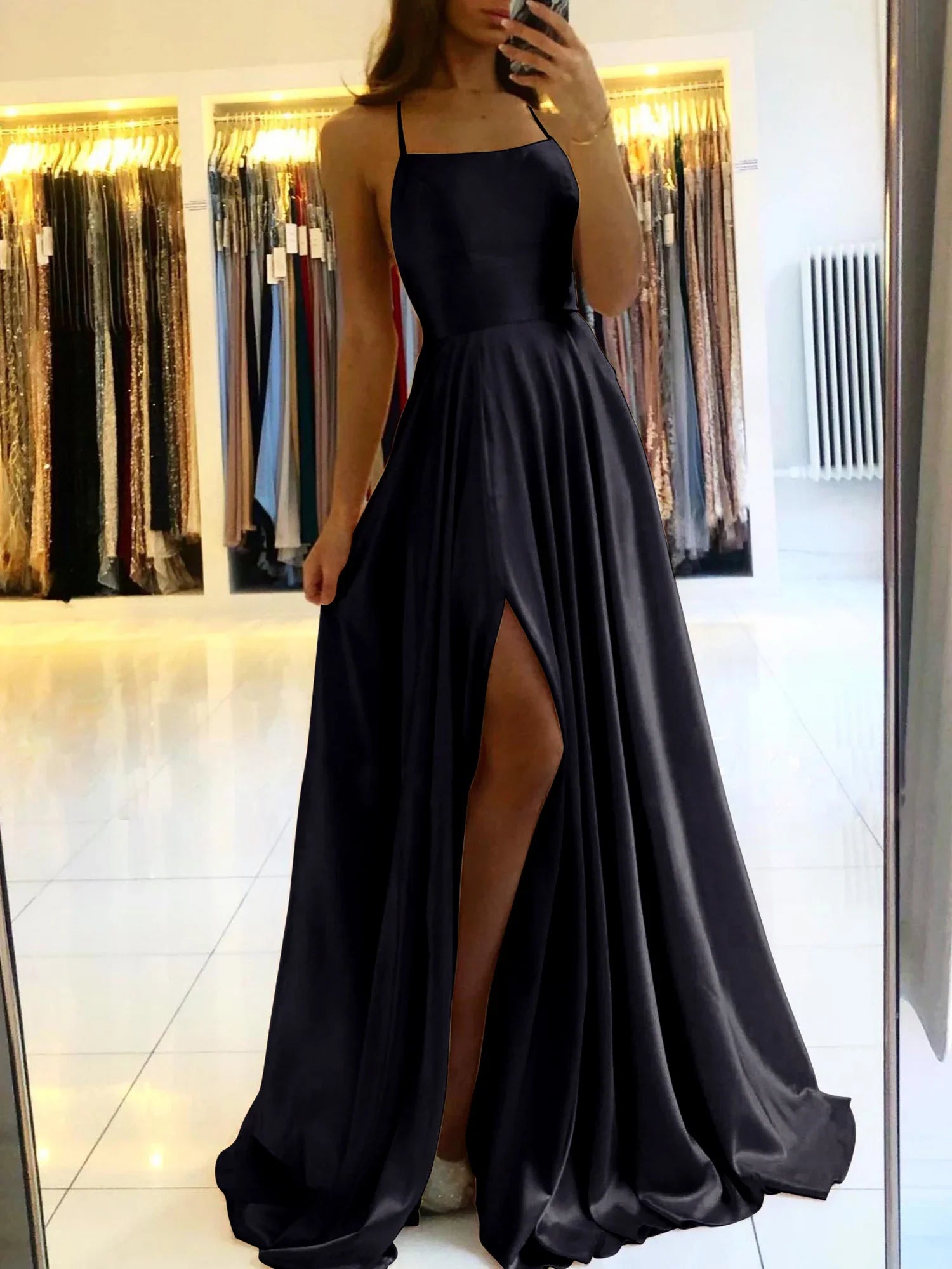 Women's Evening Prom Gown - Floor-Length Satin - Spaghetti Straps - Square Neck - High Slit Black