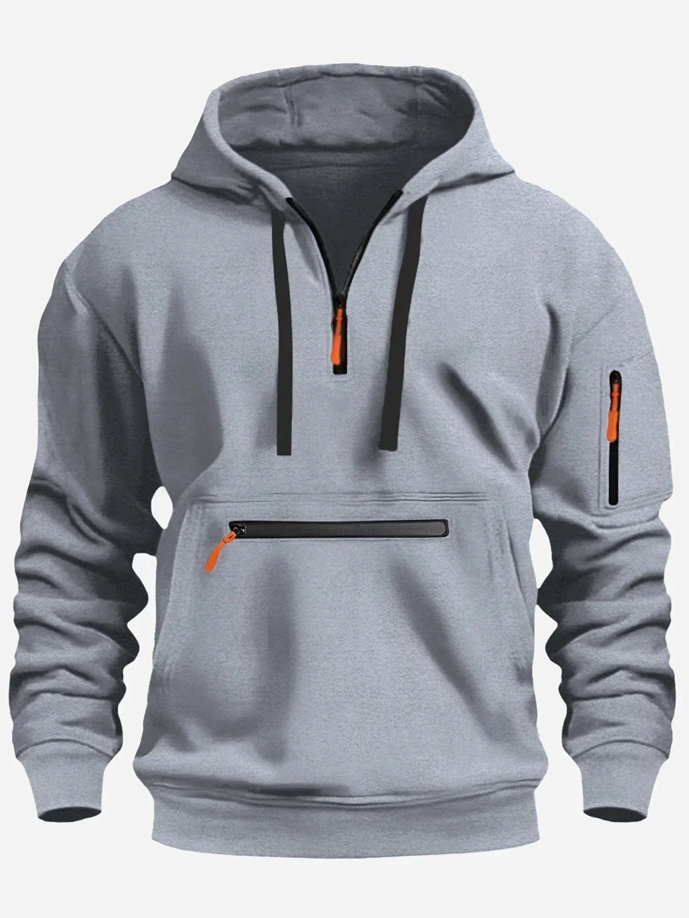 Men’s Sweatshirt – Fleece – Loose Fit – Half Zip Hooded – Ribbed Cuffs – Zip Pockets Light Gray