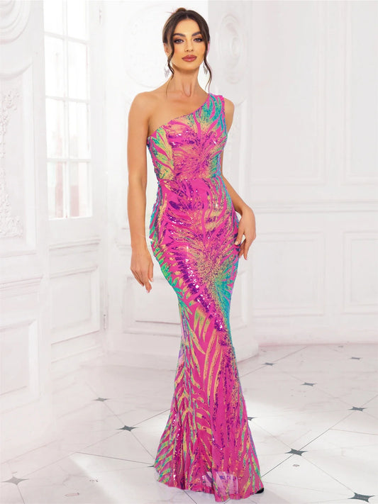 Women's Sequin Mermaid Gown - Elegant One-Shoulder Maxi - SequinGlow