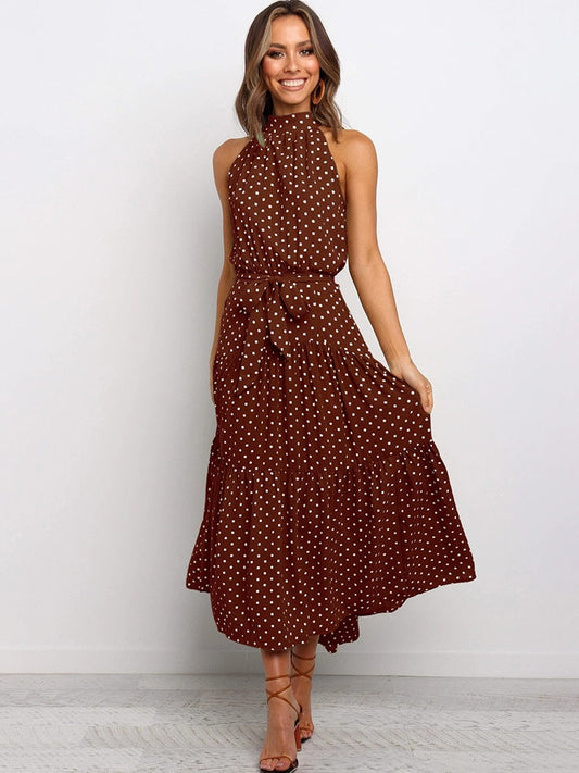 Women's Polka Dot Midi Dress - Flattering Fit, Flowy Halter - DotBloom