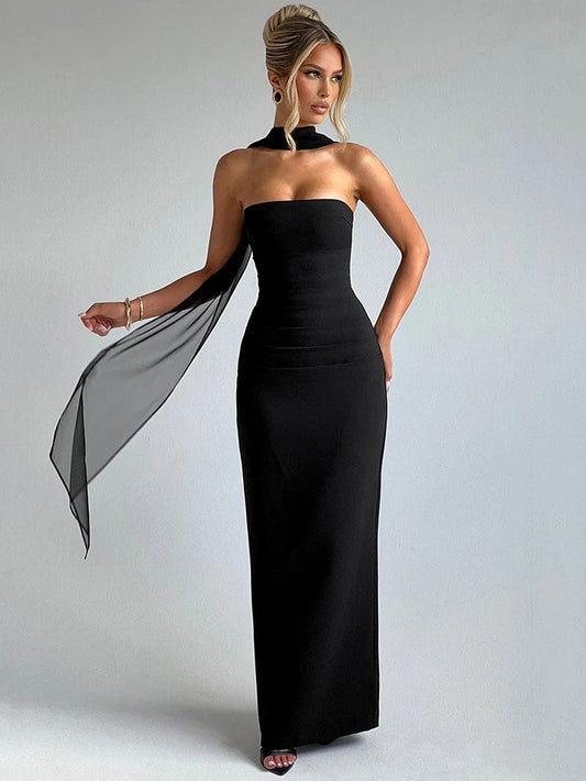 Women's Strapless Maxi Dress with Halter - EveningMuse