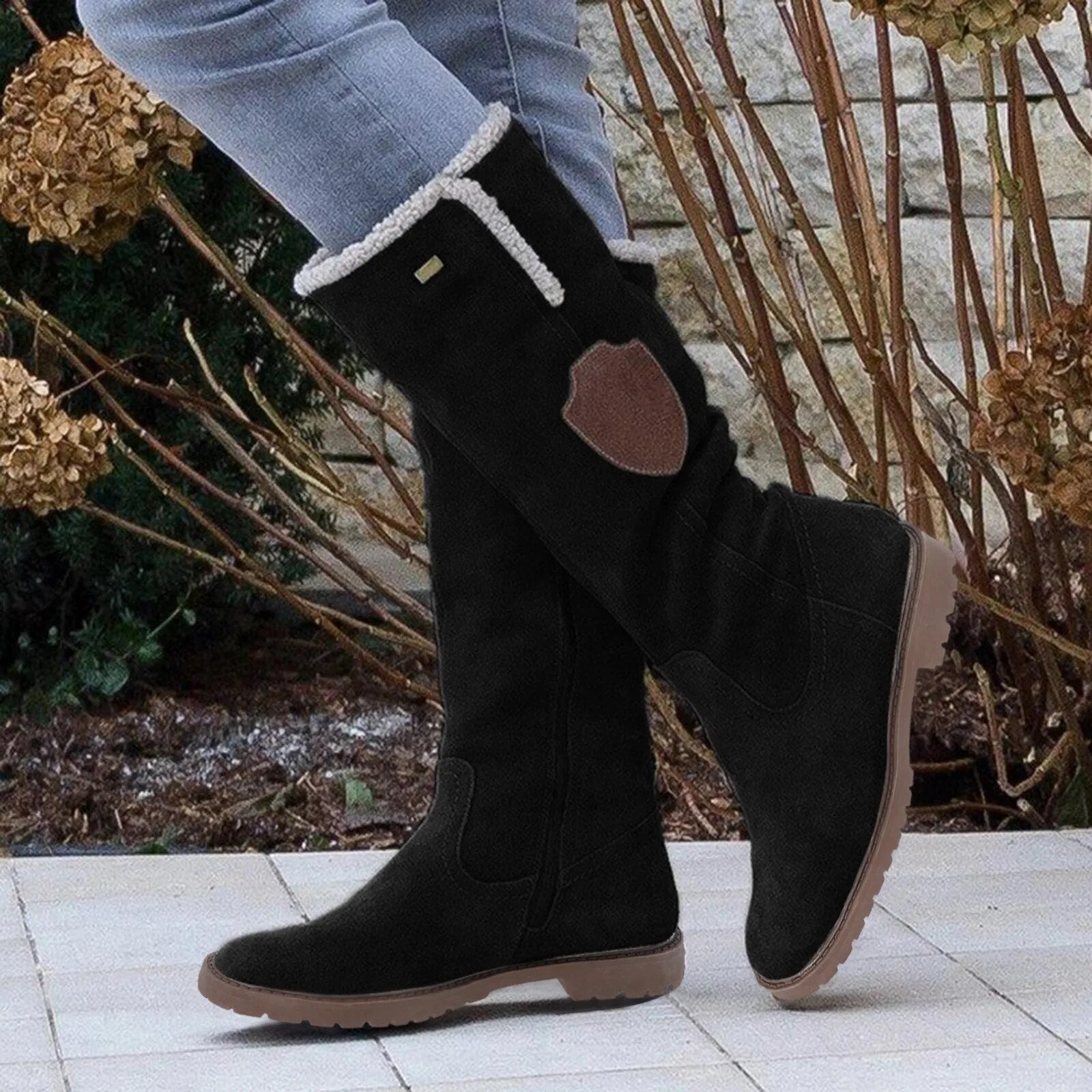 Women’s Mid-Calf Boots – Suede Look – Plush Lining – Lug Sole – Side Zip – Relaxed Fit Black