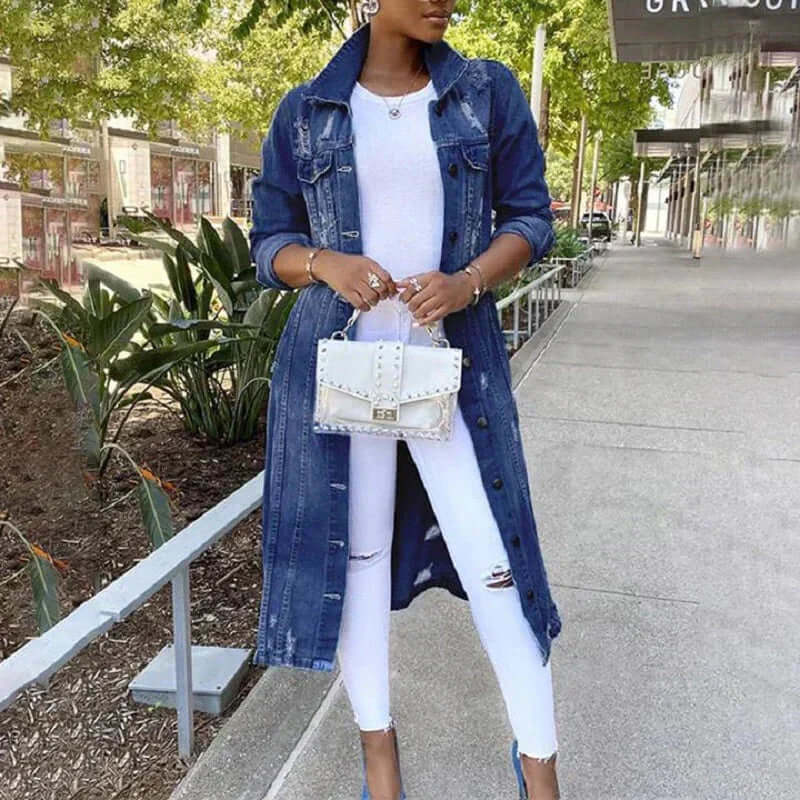 Women’s Trench Coat – Denim – Relaxed Fit – Distressed – Full Length – Button Front Dark Blue