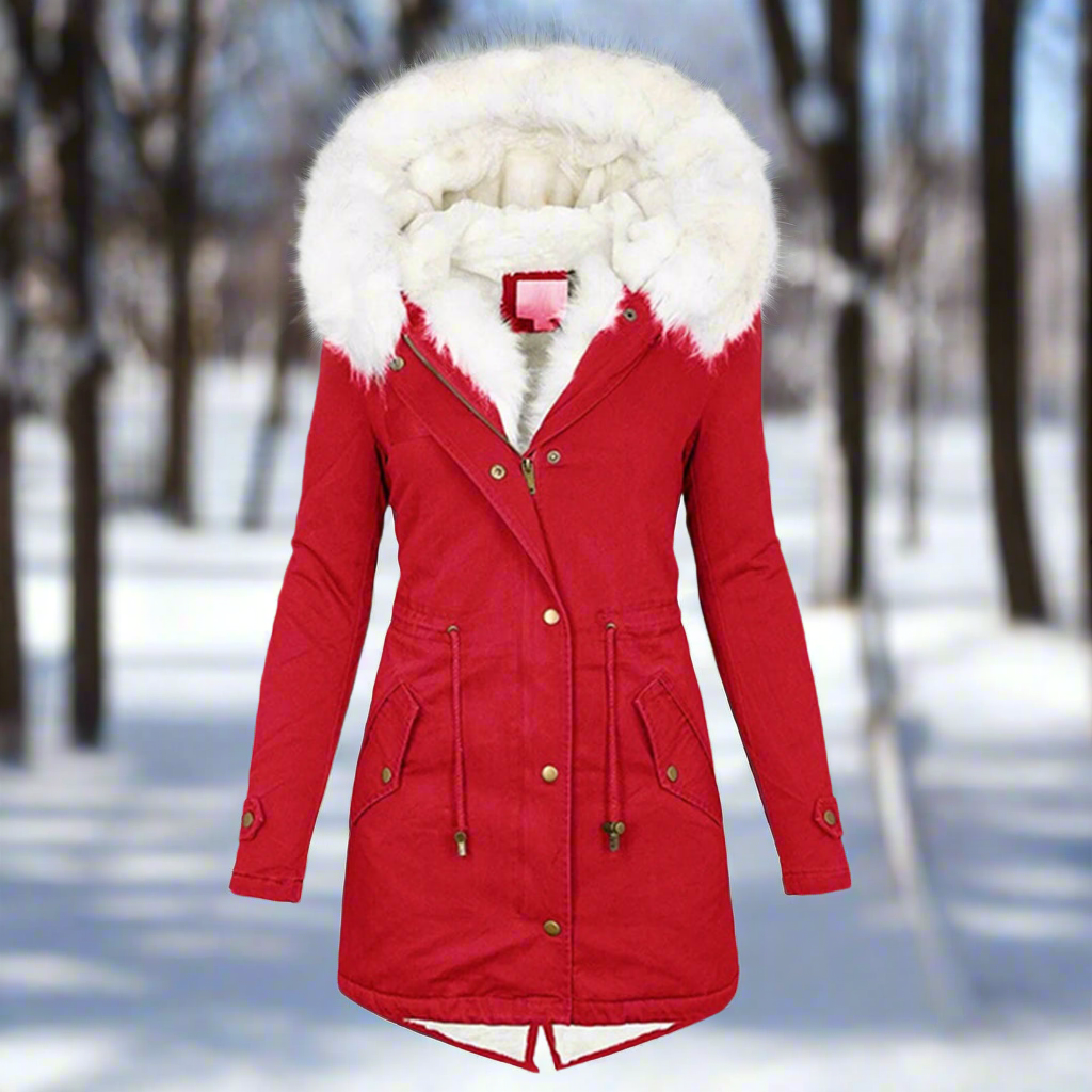 Women’s Parka Jacket – Fitted Silhouette – Water-Repellent – Faux Fur Hood – Long Length Red