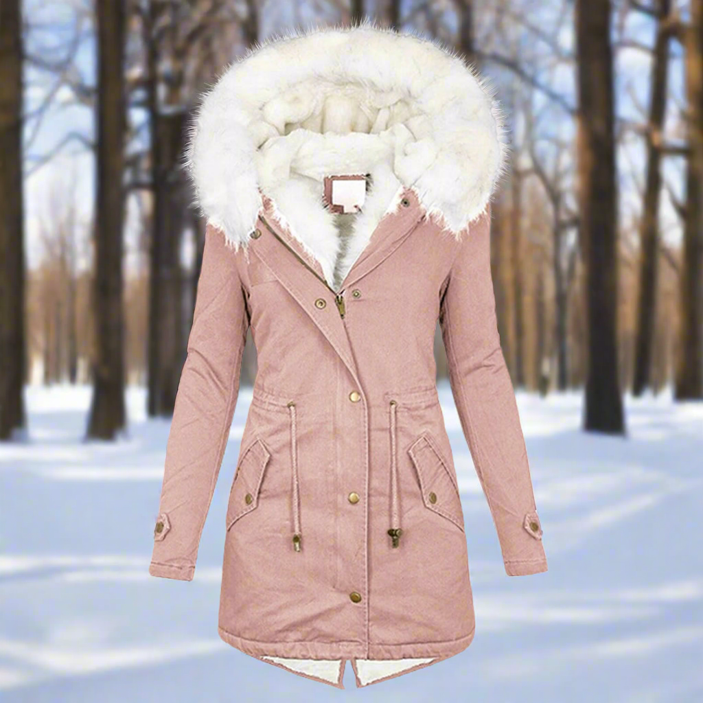 Women’s Parka Jacket – Fitted Silhouette – Water-Repellent – Faux Fur Hood – Long Length Pink