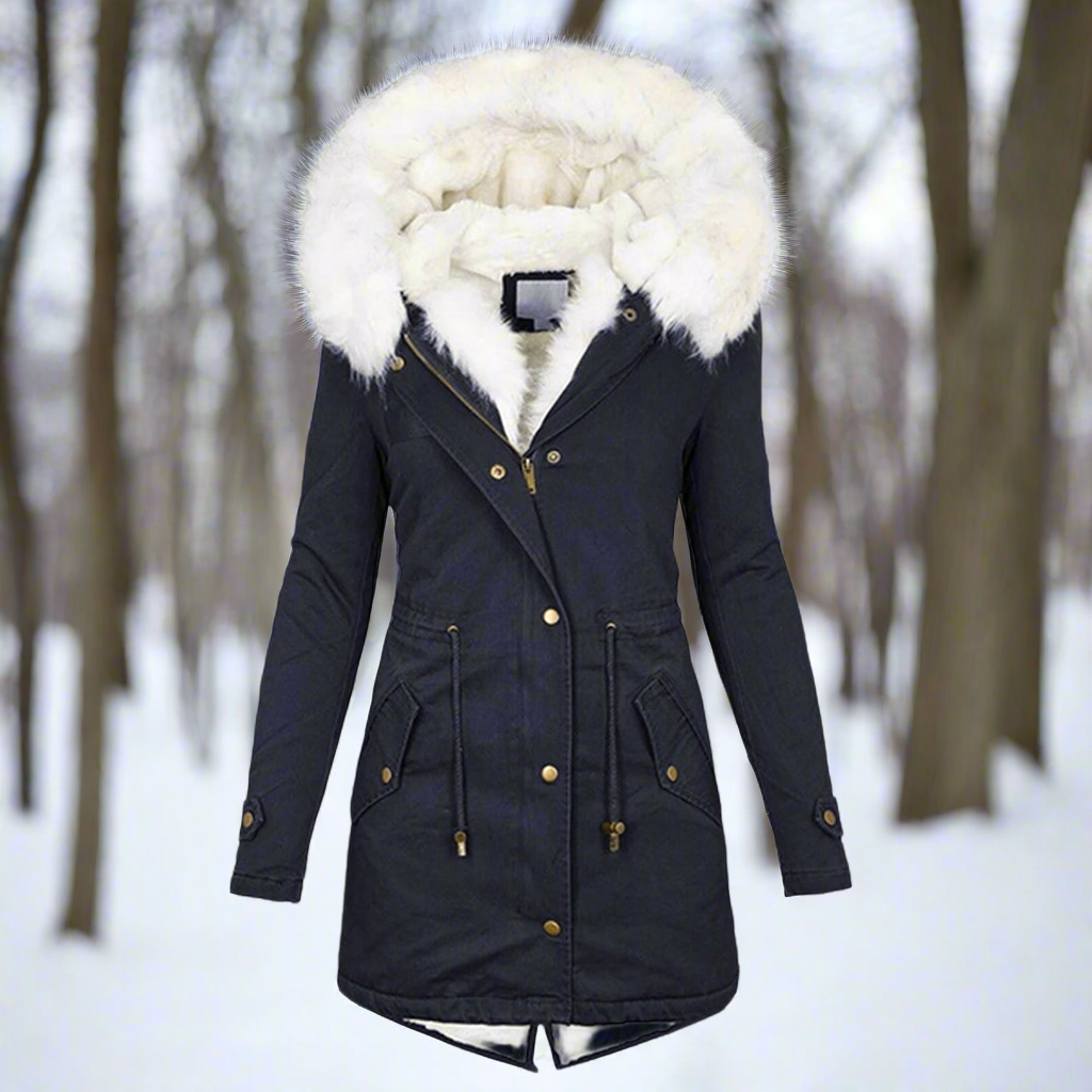 Women’s Parka Jacket – Fitted Silhouette – Water-Repellent – Faux Fur Hood – Long Length Navy Blue