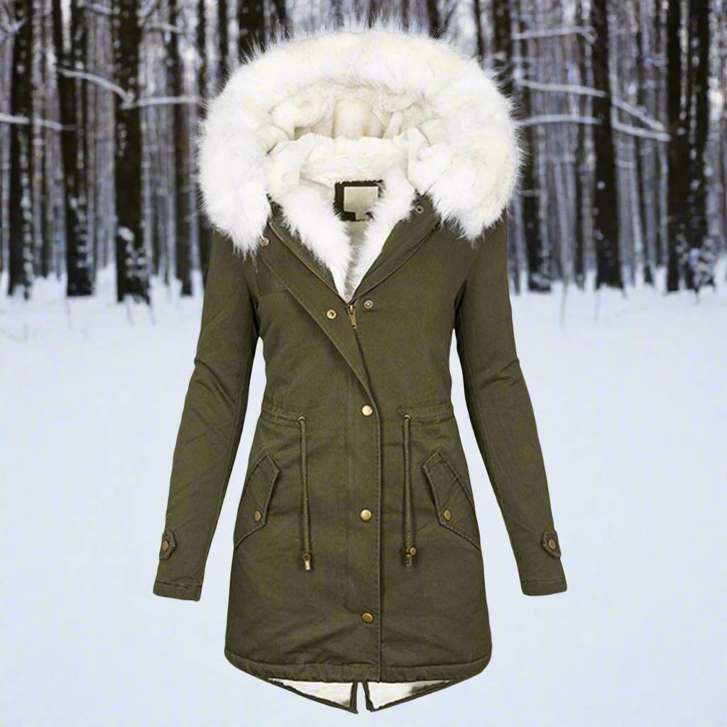 Women’s Parka Jacket – Fitted Silhouette – Water-Repellent – Faux Fur Hood – Long Length Green