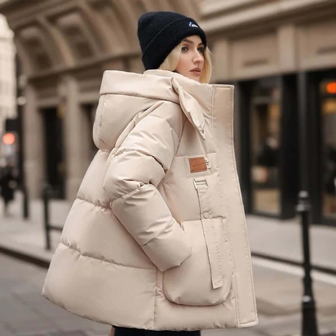 Women’s Quilted Jacket – Relaxed Fit – Hooded – Padded – Ribbed Cuffs – Front Pockets Beige