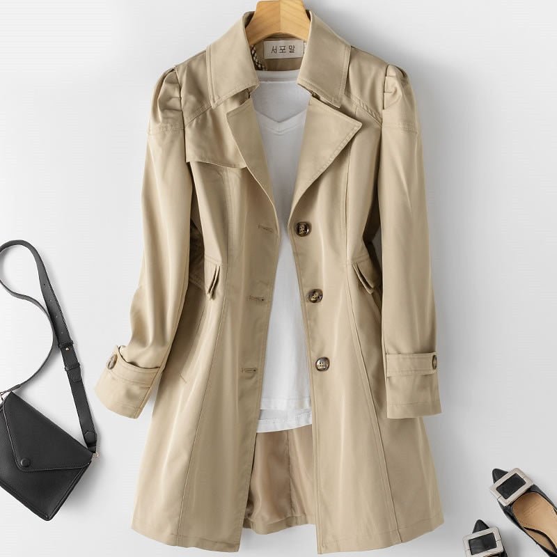 Women's Elegant Trench Coat, Belted, Knee-Length - Nuriya Coat Khaki