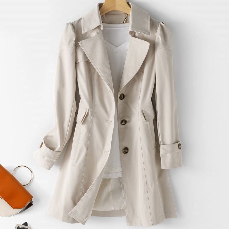 Women's Elegant Trench Coat, Belted, Knee-Length - Nuriya Coat Beige