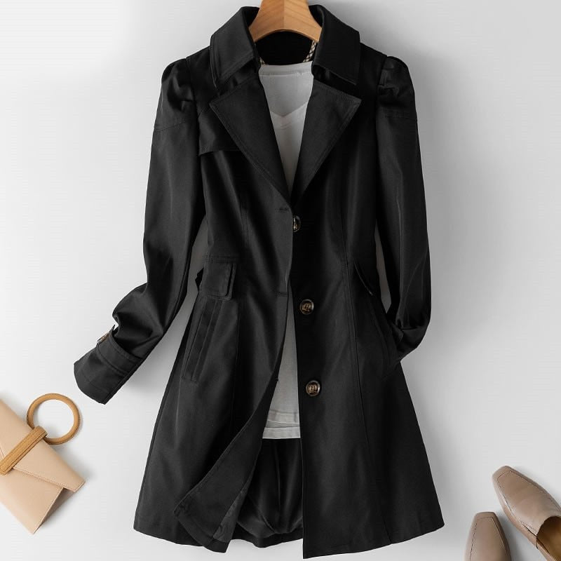 Women's Elegant Trench Coat, Belted, Knee-Length - Nuriya Coat Black