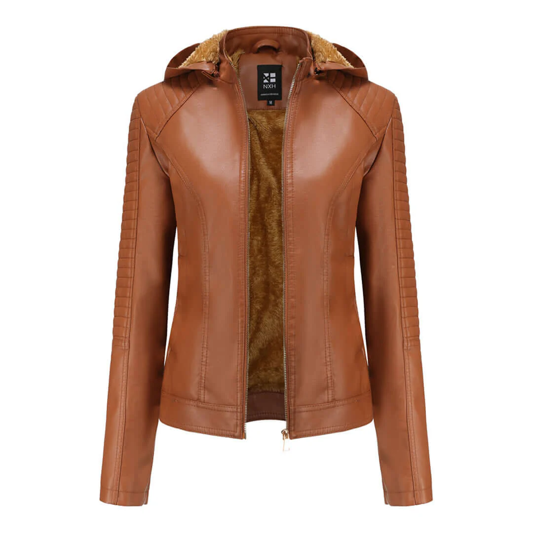 Women’s Faux Leather Jacket – Slim Fit – Plush Lined – Detachable Hood – Zip Closure Brown
