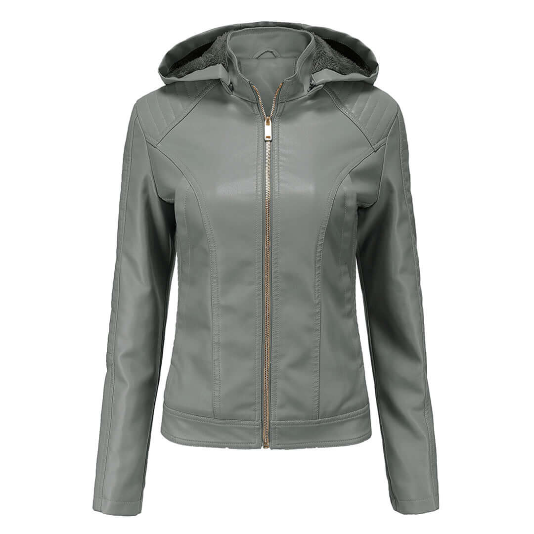 Women’s Faux Leather Jacket – Slim Fit – Plush Lined – Detachable Hood – Zip Closure Gray
