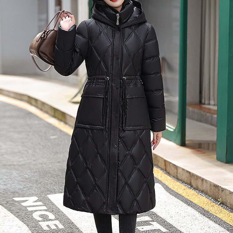 Women’s Padded Jacket – Quilted Knee Length – Relaxed Fit – Hooded – Water Resistant Black