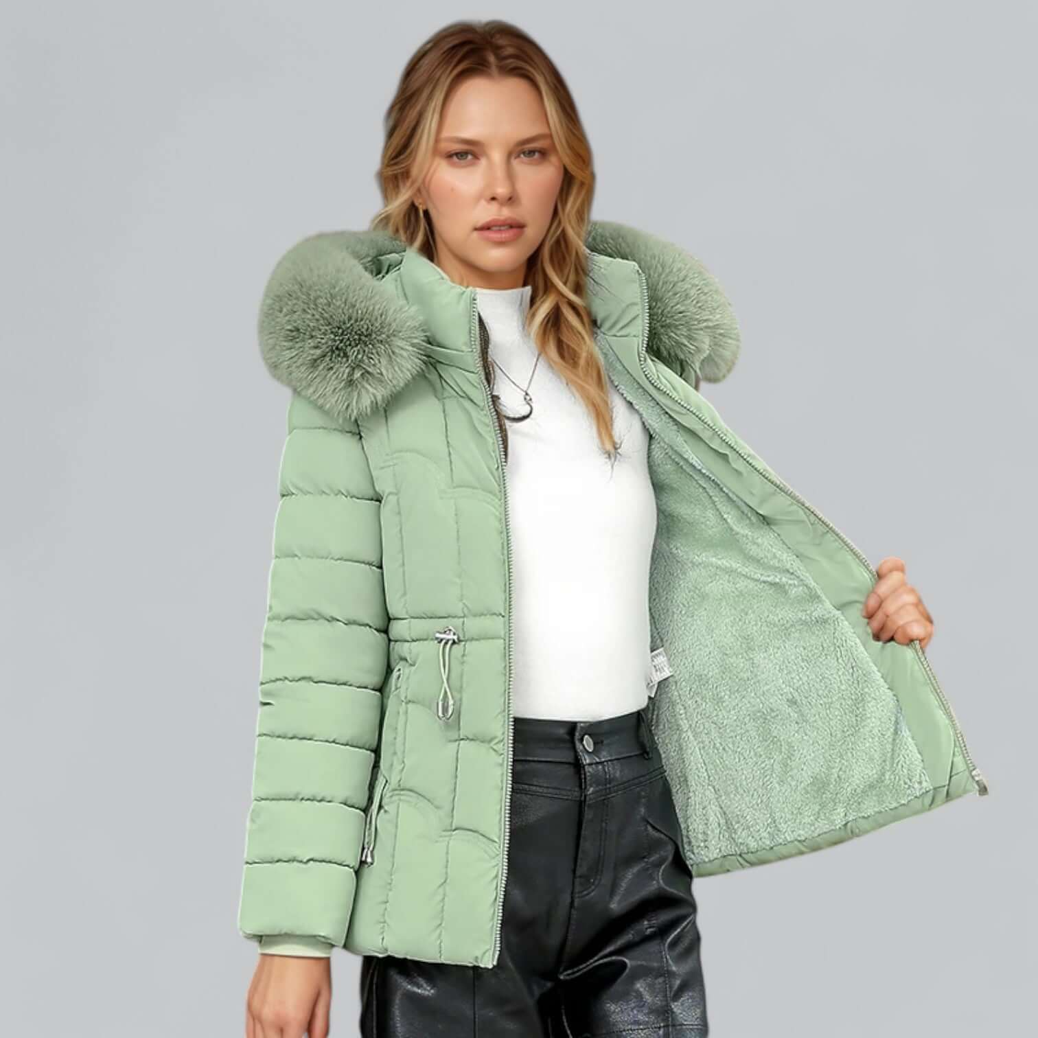 Women’s Parka Coat – Quilted Insulated – Tailored Fit – Faux Fur Hood – Mid Length Green