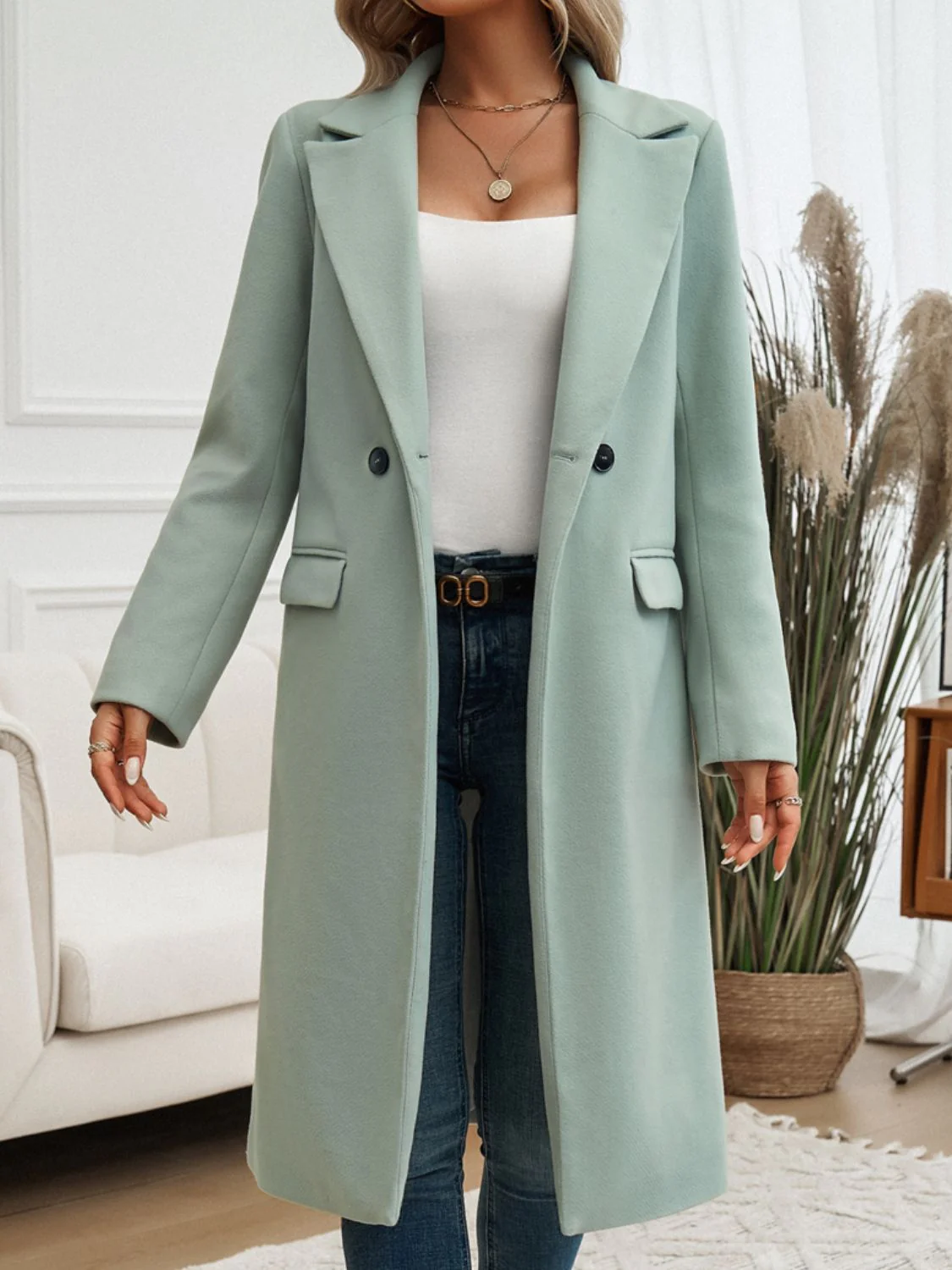 Women's Tailored Wool-Feel Double Breasted Coat - LapelStyle Green
