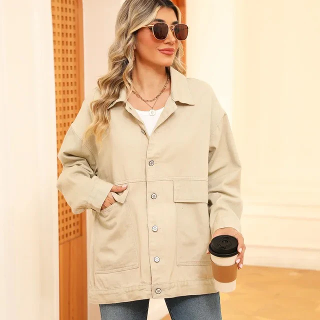 Women’s Denim Jacket – Oversized Fit – Button Down – Chest Pockets – Hip Length Casual Khaki