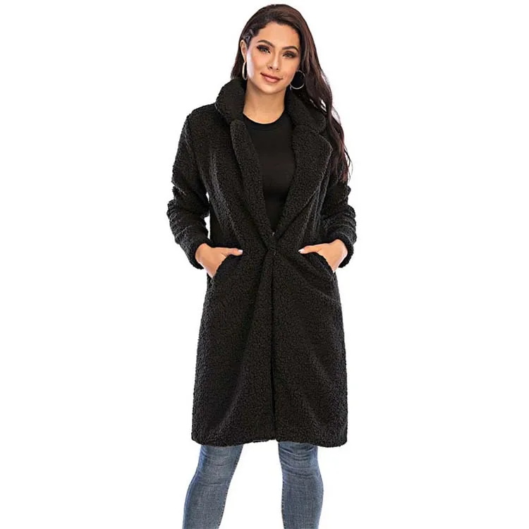 Women's Plush Teddy Coat Oversized Knee-Length - LuxeWrap Black