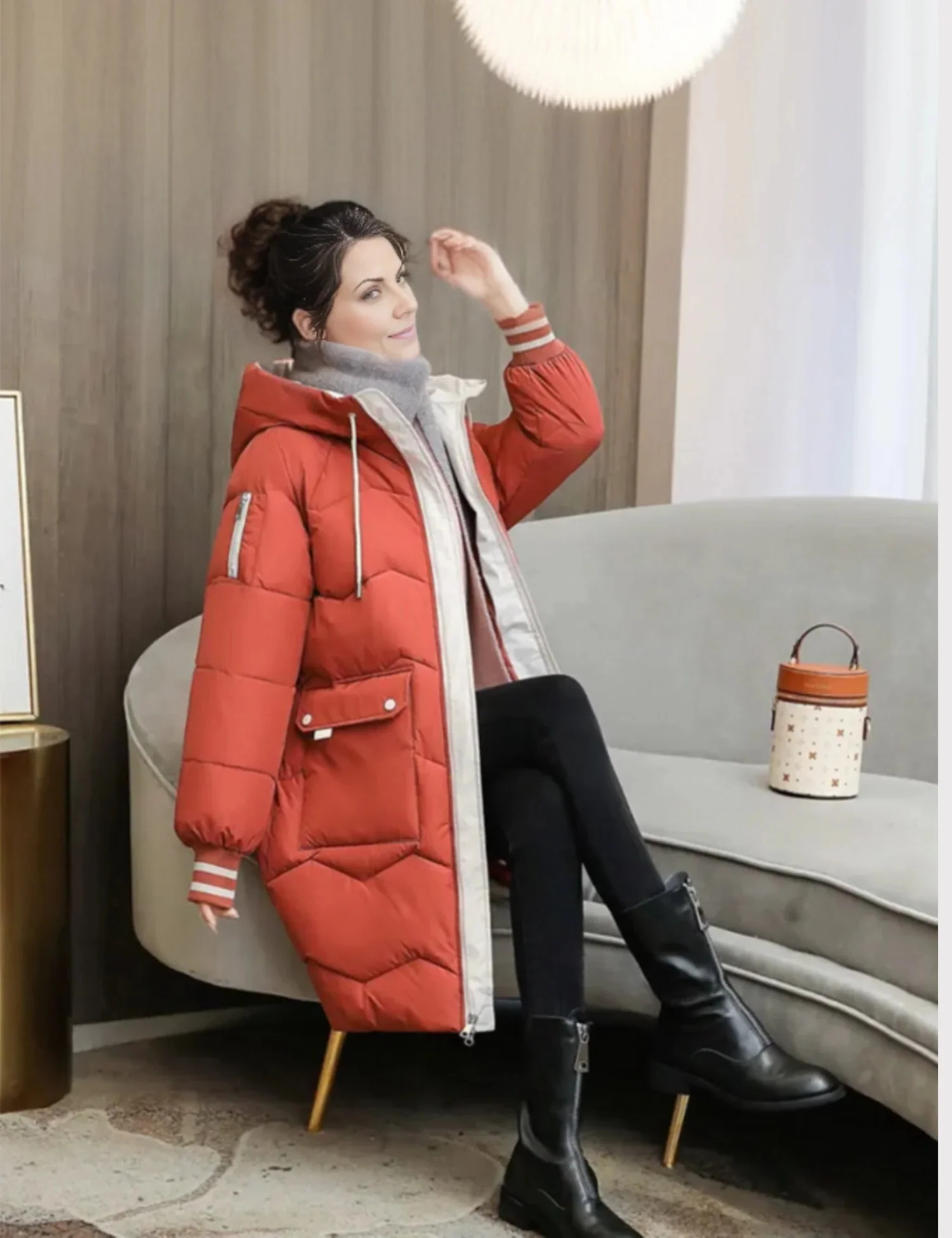 Women's Quilted Knee-Length Coat with Hood - WinterCharm Red