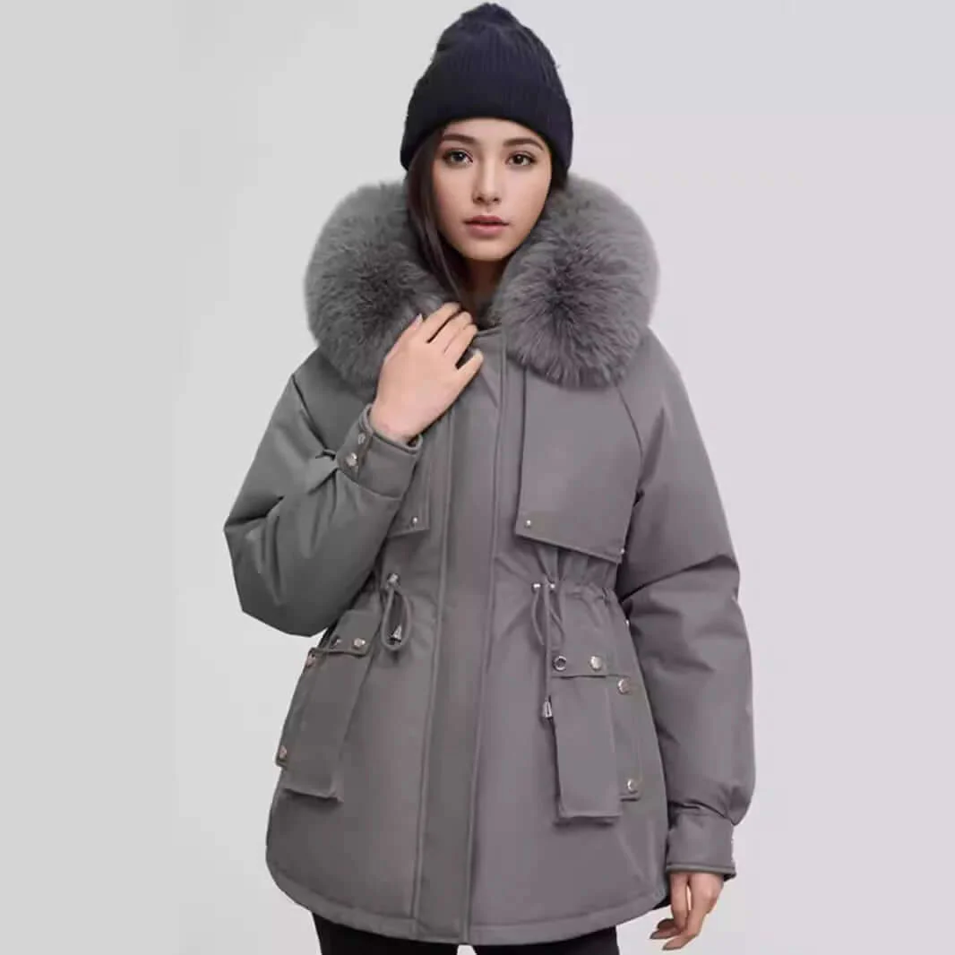 Women's Tailored Coat - Faux Fur Collar & Cinched Waist - CityChic Gray
