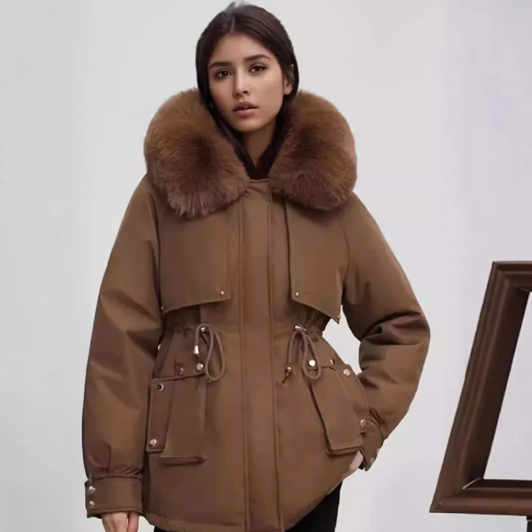 Women's Tailored Coat - Faux Fur Collar & Cinched Waist - CityChic Brown